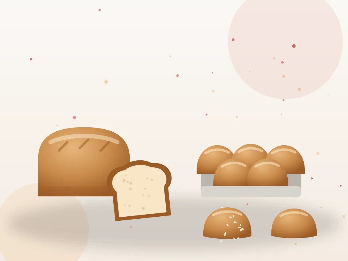 Ilustrasi aneka roti: roti tawar, roti sobek, dan roti manis
