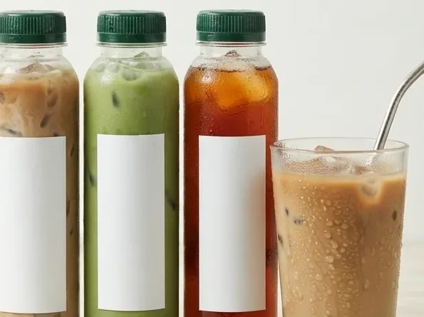 Minuman botol kopi susu, matcha latte, dan teh, serta segelas es kopi susu