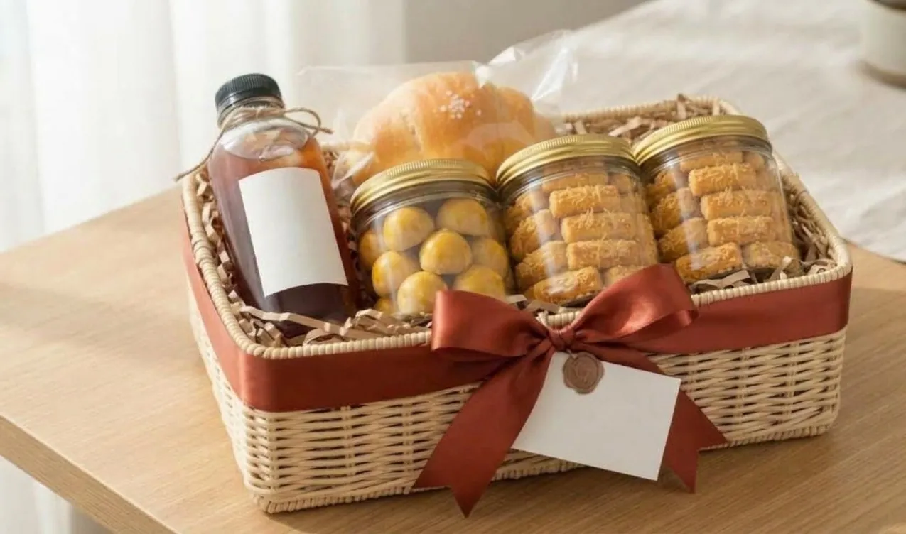 Hampers keranjang rotan berisi toples nastar dan kastengel, roti, dan minuman botol dengan pita