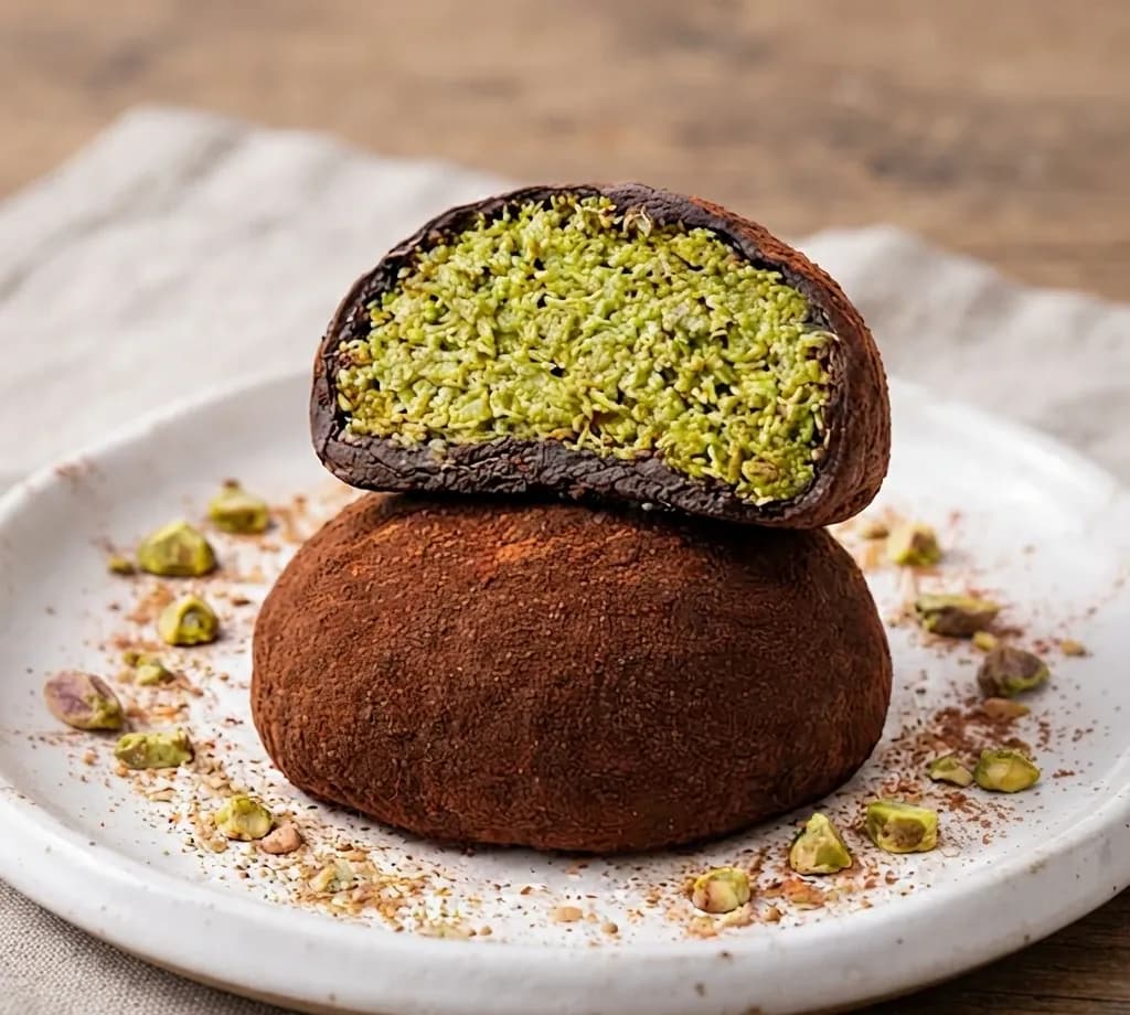 Dubai chewy cookie berlapis cokelat yang dibelah, memperlihatkan isian pistachio hijau