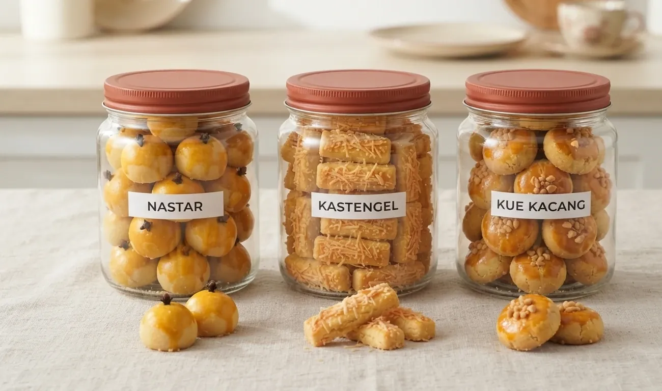 Tiga toples kue kering berisi nastar, kastengel, dan kue kacang