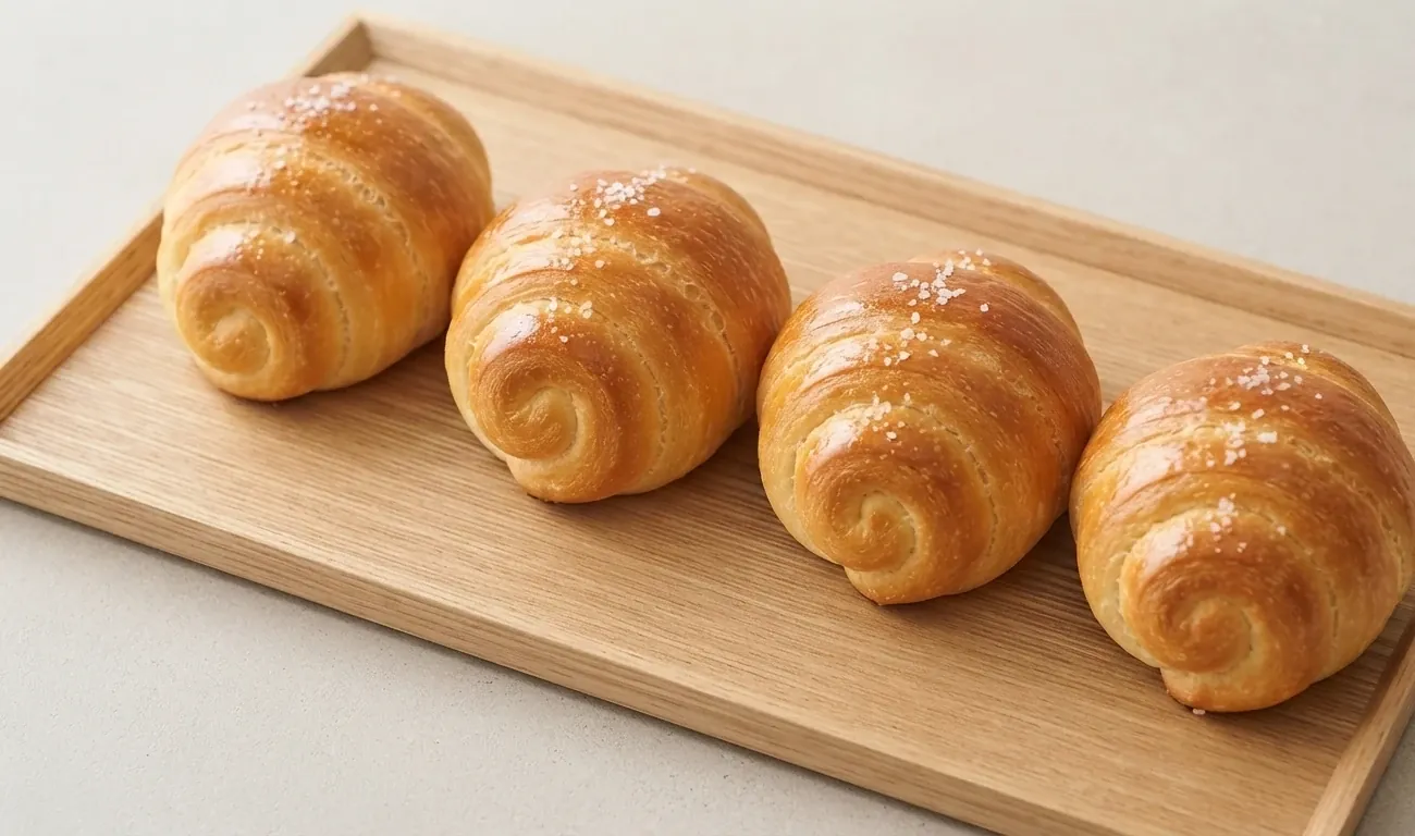 Empat saltbread berkulit spiral keemasan dengan taburan garam di atas nampan kayu