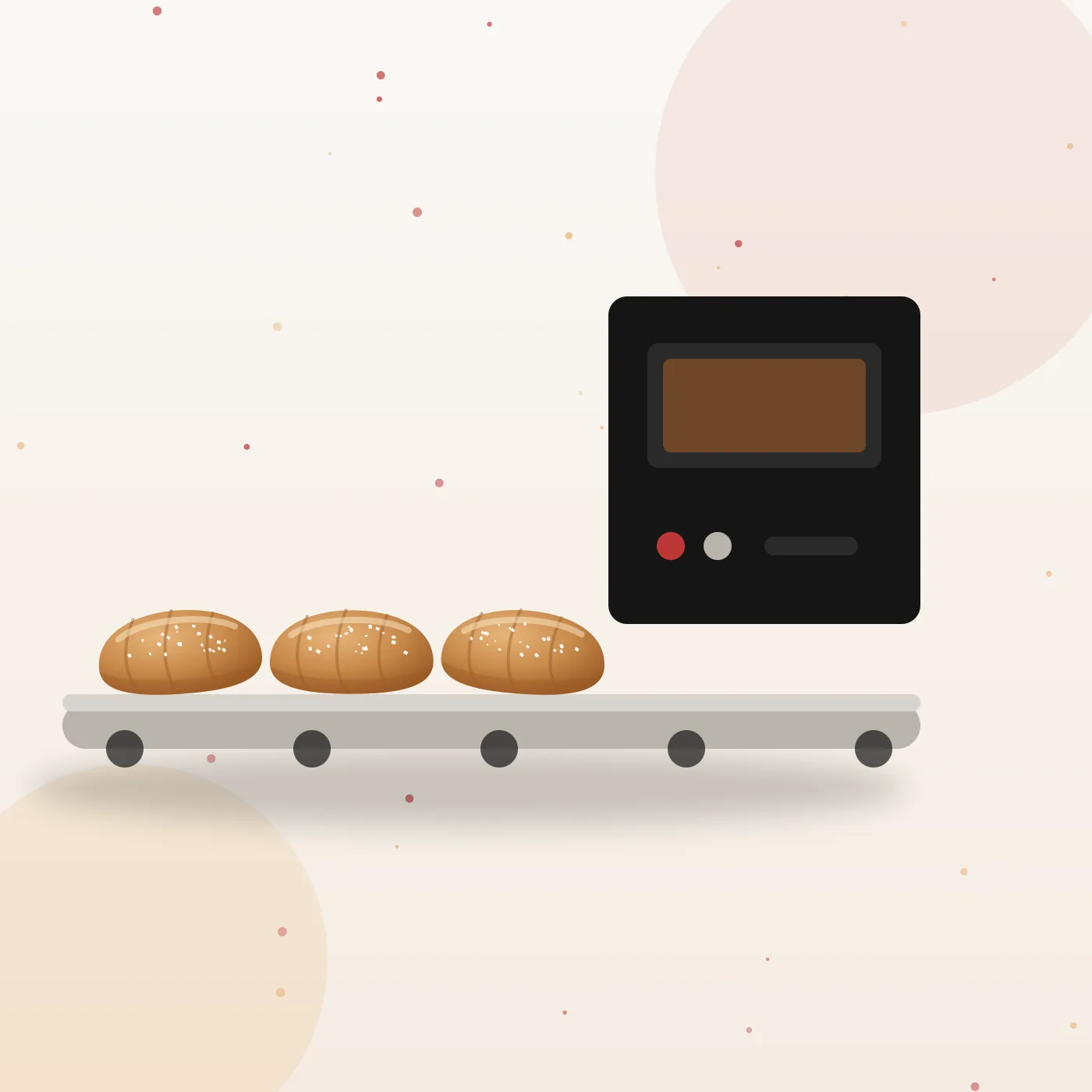 Ilustrasi lini produksi roti dengan conveyor dan oven untuk layanan maklon OEM