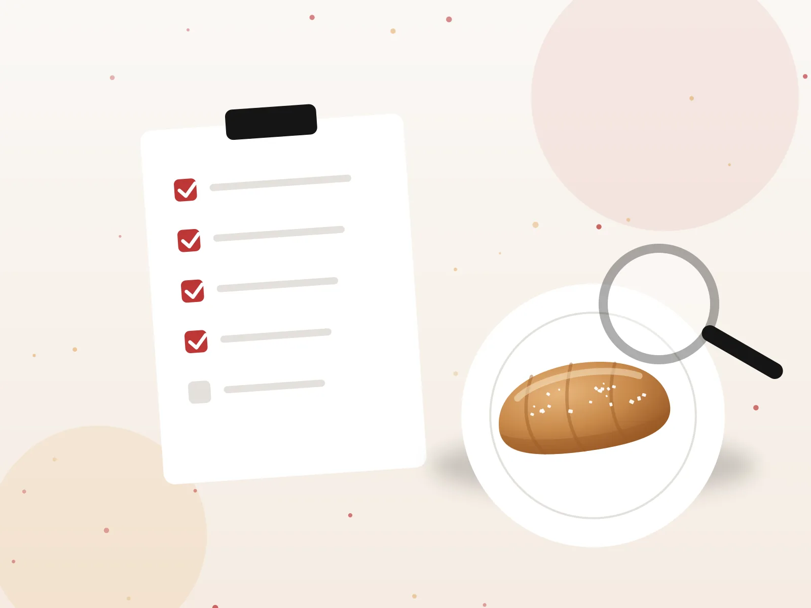 Ilustrasi checklist kontrol kualitas dan saltbread yang diperiksa dengan kaca pembesar