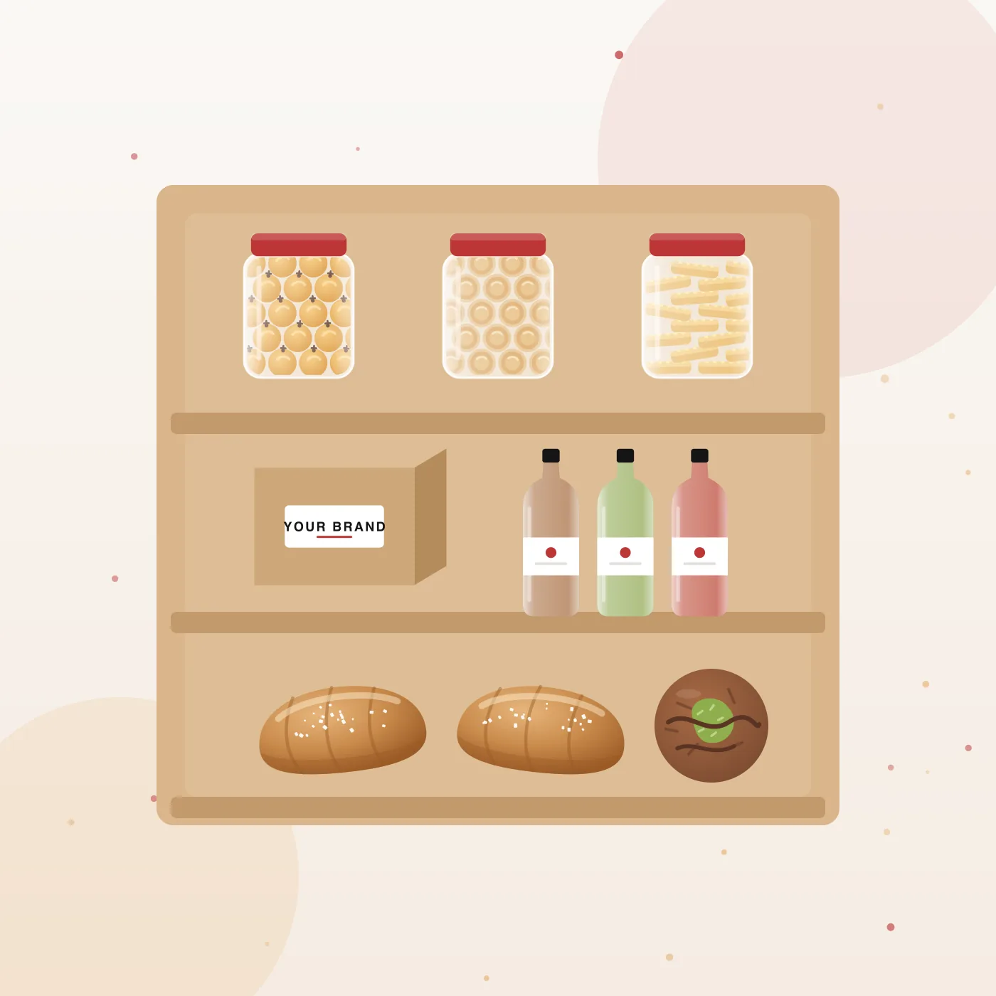 Ilustrasi rak toko partner berisi kue kering, minuman, saltbread, dan produk ber-brand