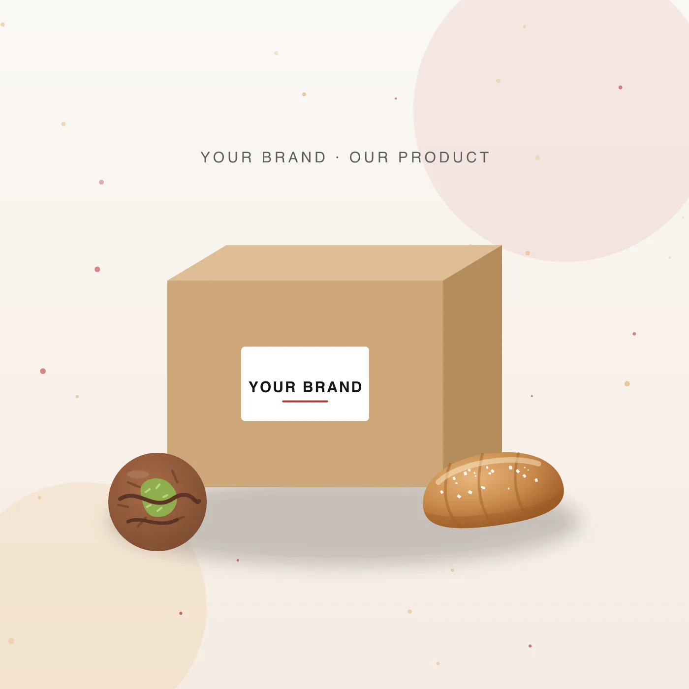 Ilustrasi kotak kemasan dengan label brand mitra di samping saltbread dan cookie